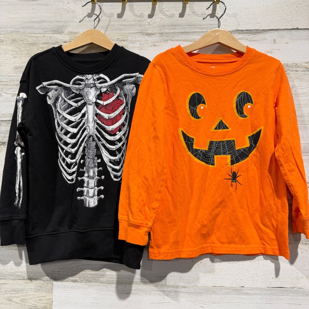 Carter's Halloween Tops Boys S 6-7 Orange Black Skeleton Pumpkin Spooky EUC